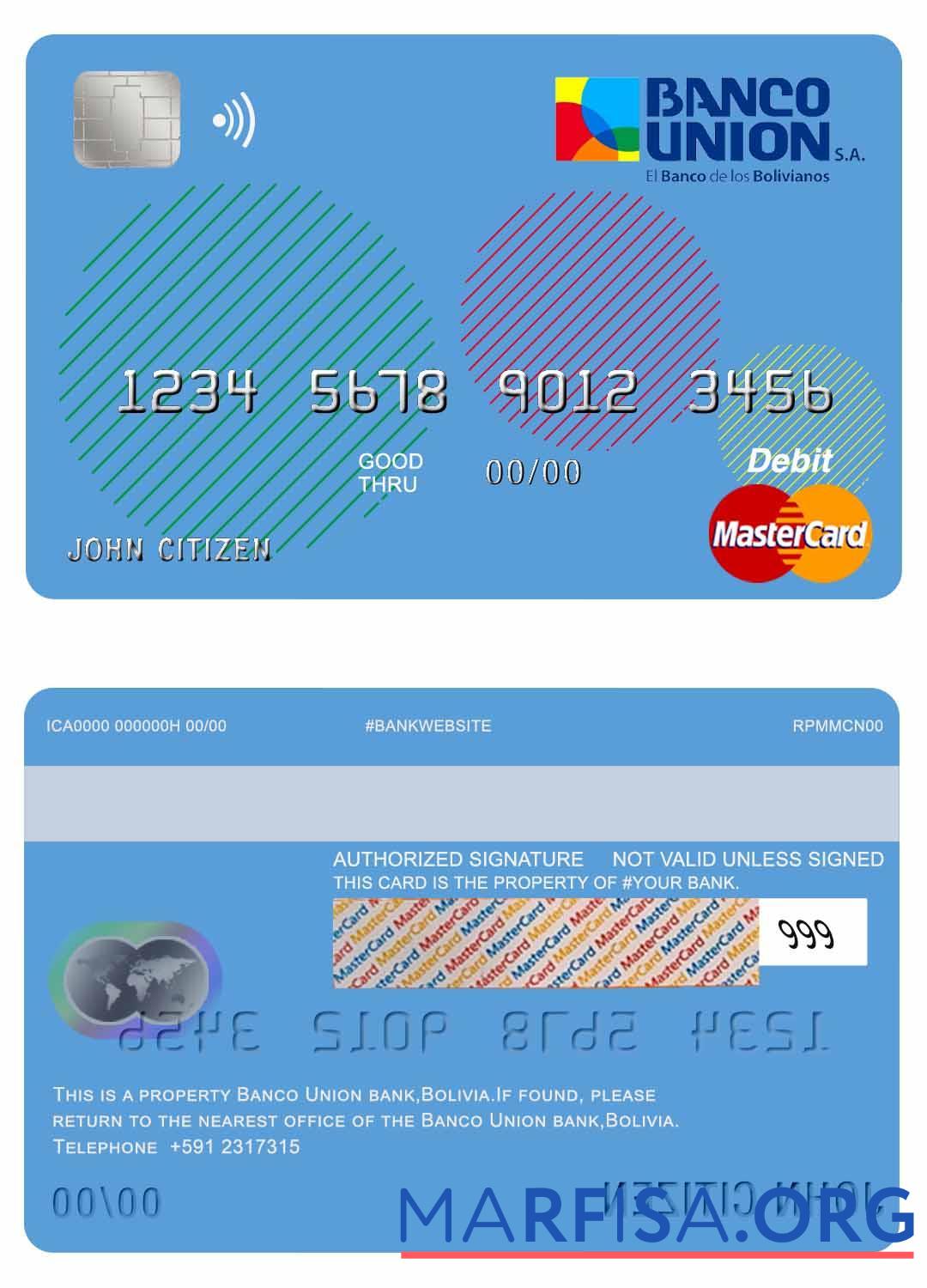Printable Bolivia Banco Union bank mastercard debit card real example